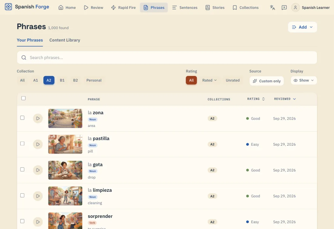Phrase library showing tracked vocabulary