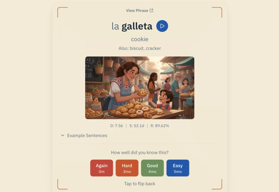 Spaced repetition review interface showing a Spanish phrase