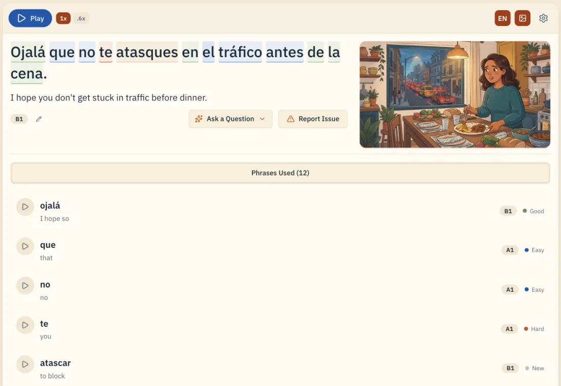 Sentence detail with translation and audio playback