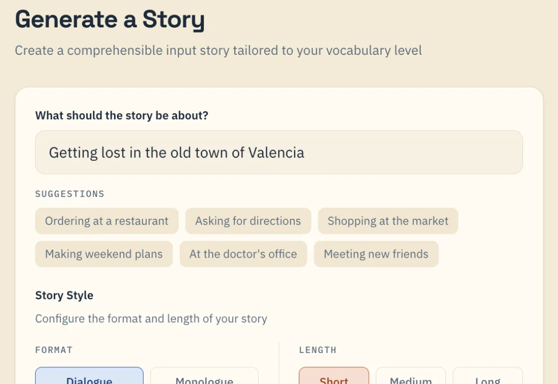 AI story generation interface