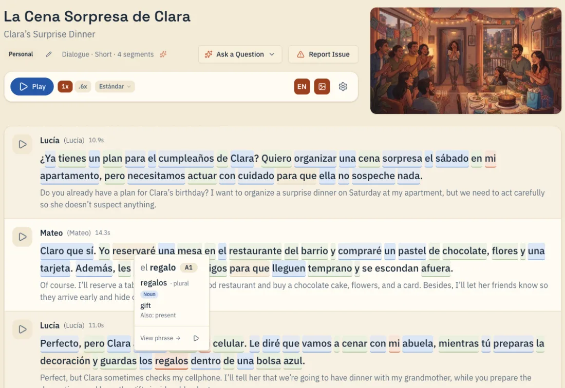 Story view showing vocabulary in context